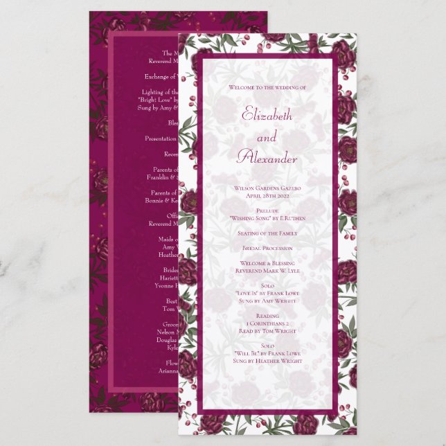 Maroon Rose Wedding Programs Menu (Front/Back)