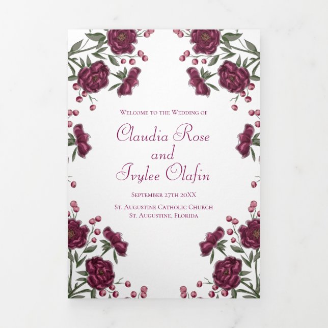 Maroon Rose Wedding Programs Tri-Fold Programme (Cover)