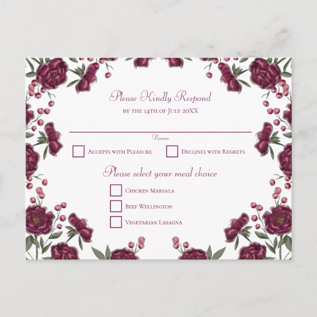 Maroon Rose Wedding RSVP Holiday Postcard (Front)