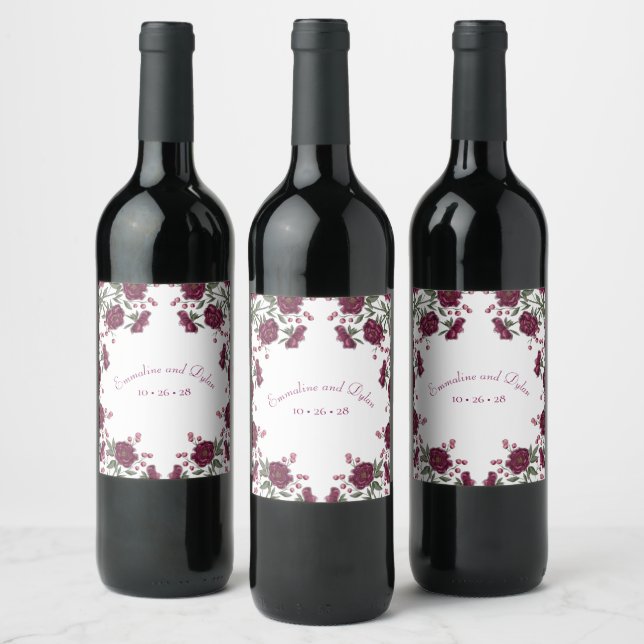 Maroon Rose Wedding Wine Label (Bottles)