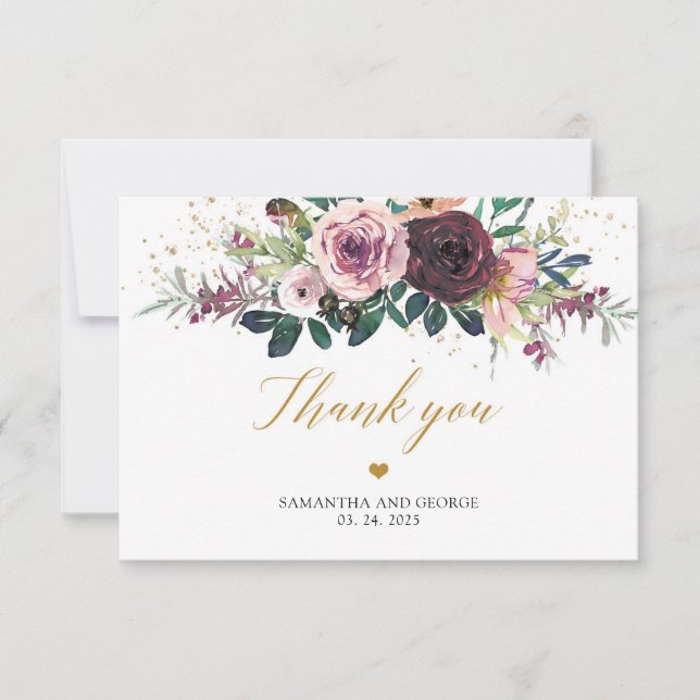 Maroon roses flowers blush floral gold glitter thank you card (Front)