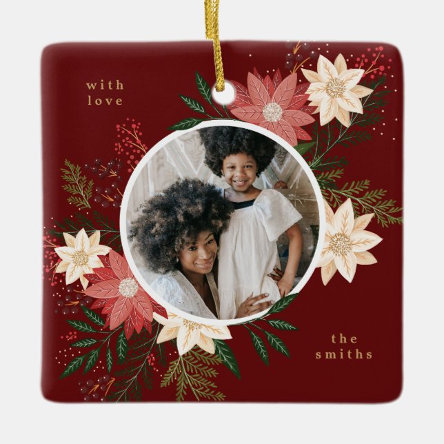 Maroon Round Photo Floral Kids Christmas Ceramic Ornament (Front)