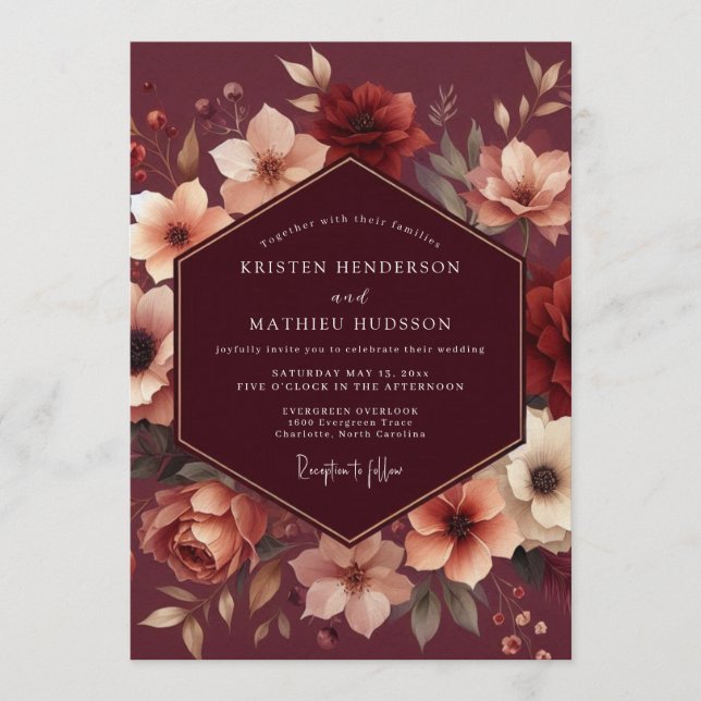 Maroon Russet Bloom Wedding Invitation (Front)