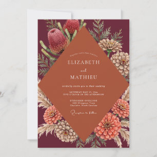 Maroon Rust Protea Eucalyptus Wedding Invitation