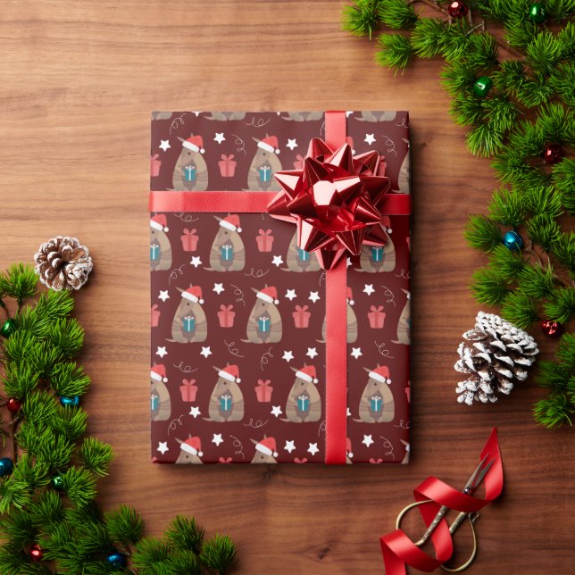 Maroon Santa Armadillo with Gifts Pattern Wrapping Paper (Holiday Gift)