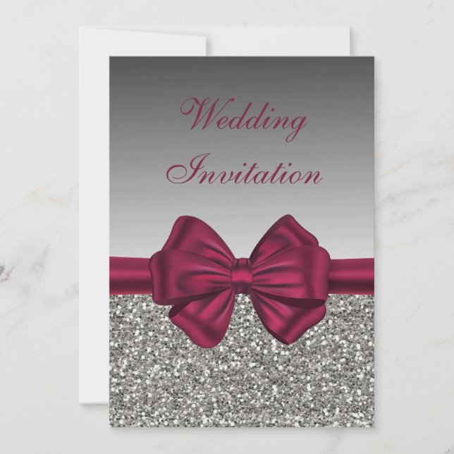 Maroon Satin Bow & Silver  – Wedding Invitation (Front)