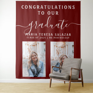 Maroon Script Calligraphy Two Photo Graduation Tapestry