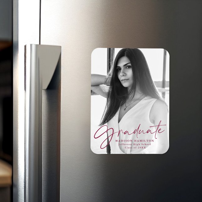 Maroon Script Graduation Announcement Photo Magnet (Creator Uploaded)