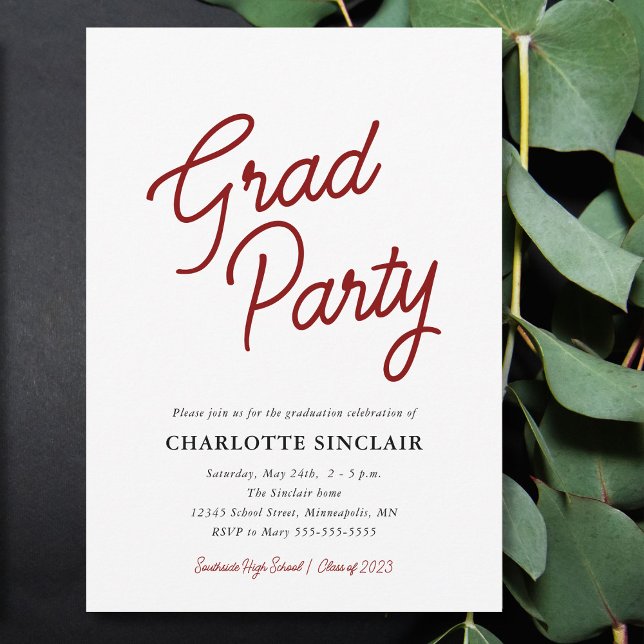 Maroon Script Simple Budget Grad Party Invitation (Creator Uploaded)