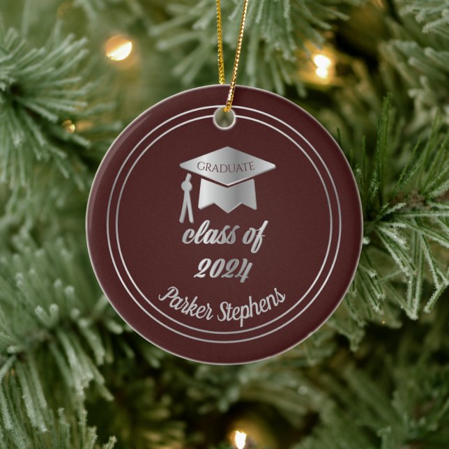 Maroon Silver Graduate Cap Graduation 2022 Photo Ceramic Tree Decoration (Tree)