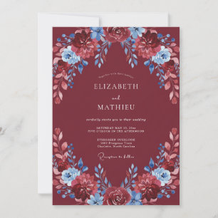 Maroon Sky Blue Leafy Wedding Invitation