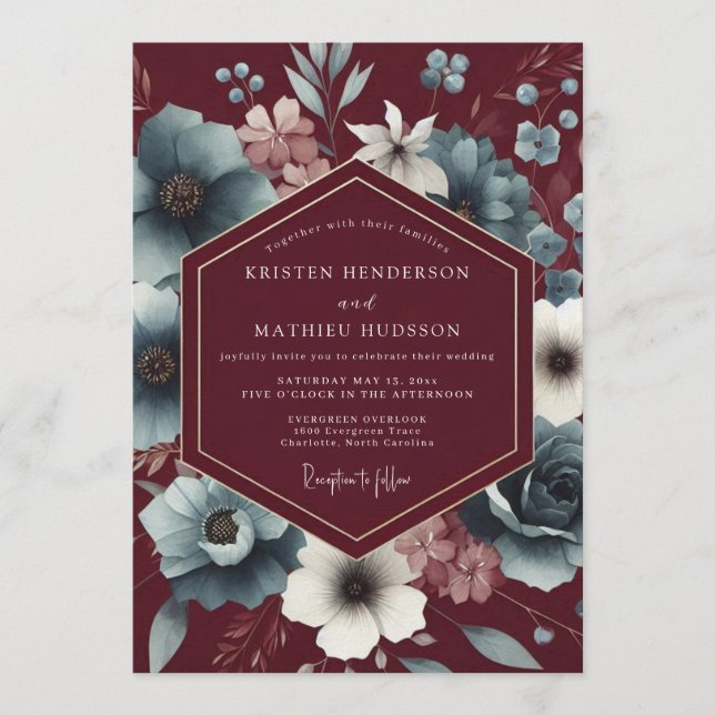 Maroon Slate Somber Bloom Wedding Invitation (Front)