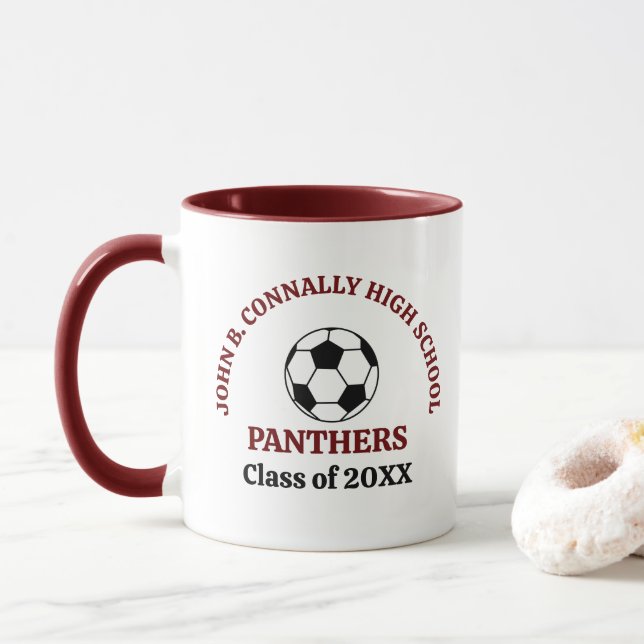 Maroon Soccer Player Personalised Team Mug (With Donut)