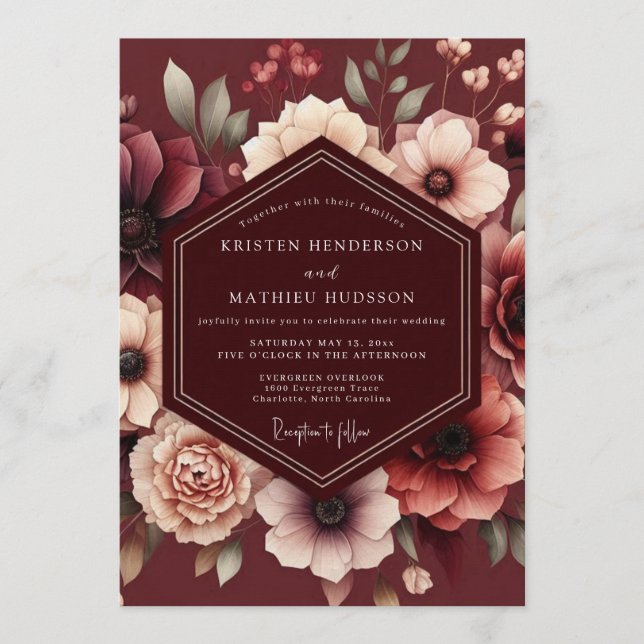 Maroon Somber Bloom Wedding Invitation (Front)