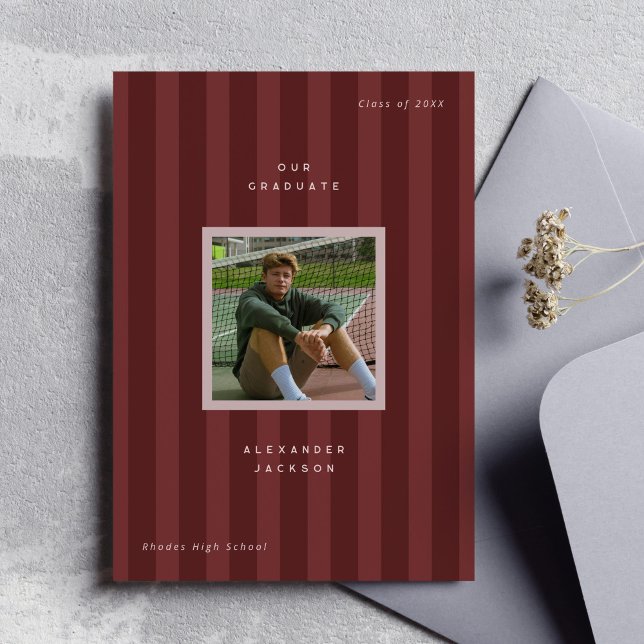 Maroon Sporty Stripes Graduation Photo  Announcement (maroon red sporty stripes modern graduation photo announcement card)