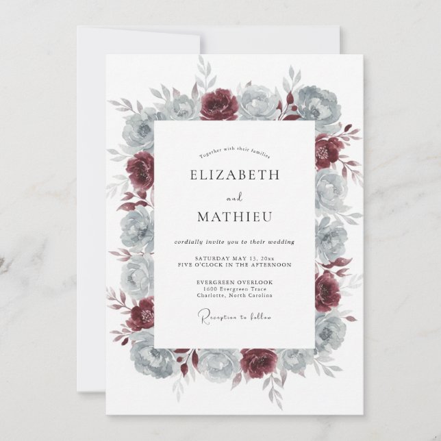 Maroon Steel Peony Wedding Invitation (Front)
