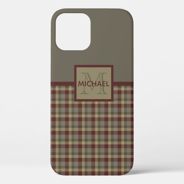 Maroon, Tan And Grey Plaid Monogrammed Case-Mate S Case-Mate iPhone Case (Back)