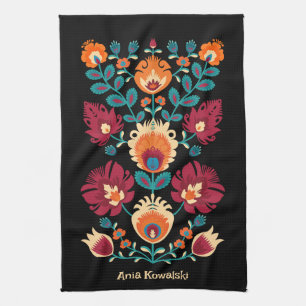 Maroon, teal and pastel yellow Folk Wycinanki  Tea Towel