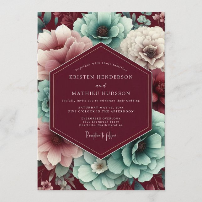 Maroon & Teal Autumnal Bloom Wedding Invitation (Front)