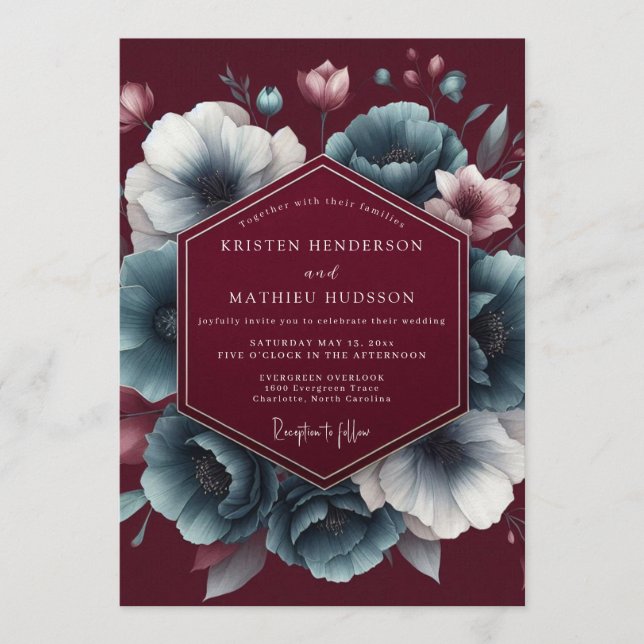 Maroon Teal Chiaroscuro Wedding Invitation (Front)