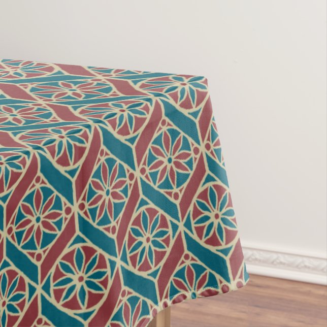 Maroon, Teal Ethnic Pattern, Flowers, Chevrons Tablecloth (In Situ)