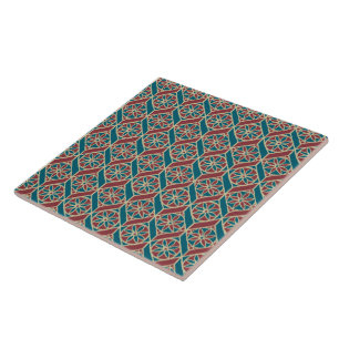 Maroon, Teal Ethnic Pattern, Flowers, Chevrons Tile