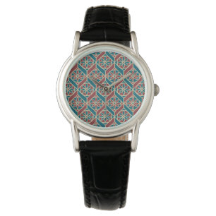 Maroon, Teal Ethnic Pattern, Flowers, Chevrons Watch