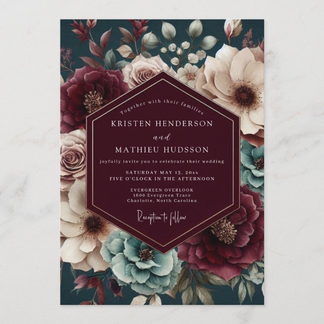 Maroon & Teal Moody Floral Wedding Invitation (Front)