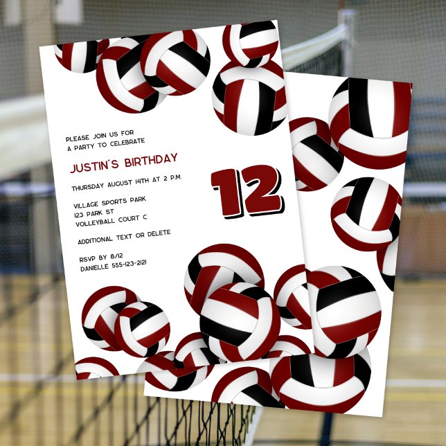 maroon team colours volleyballs boys girls birthda invitation (Creator Uploaded)