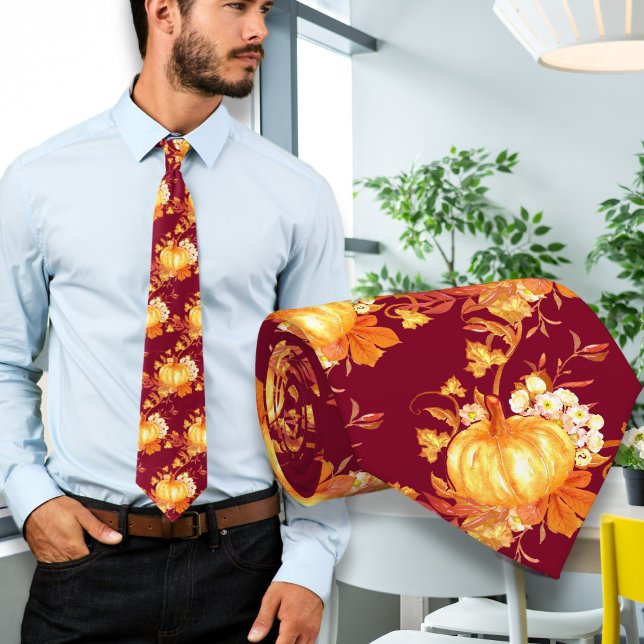 Maroon Thanksgiving Pumpkin Leaves Pattern Tie (Creator Uploaded)