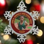 Maroon Track & Field Photo High School Runner Snowflake Pewter Christmas Ornament<br><div class="desc">This cool customized high school track team athlete photo gift features gold typography of your team on a snowflake shaped Christmas ornament with a running track on a maroon background. Personalize with your student's photograph and class year as a proud runner parent.</div>
