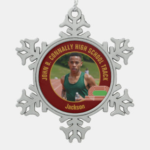 Maroon Track & Field Photo High School Runner Snowflake Pewter Christmas Ornament