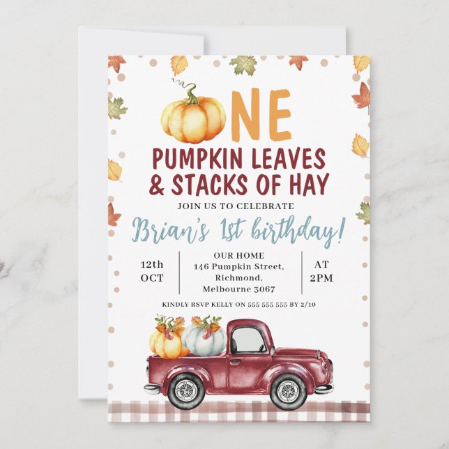 Maroon Truck Pumpkin Leaves Hay 1st Birthday Invitation (Front)