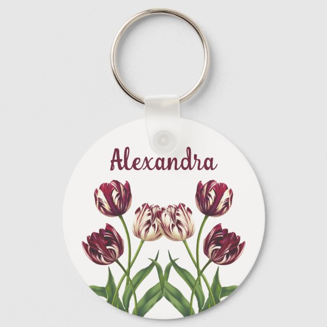 Maroon Tulips With Name Key Ring (Front)
