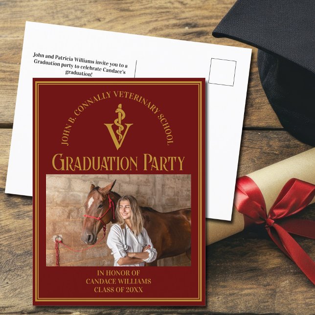 Maroon Veterinary School Photo Graduation Party Invitation Postcard (Creator Uploaded)