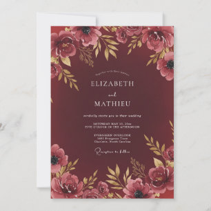 Maroon Watercolor Floral Romance Wedding Invitation
