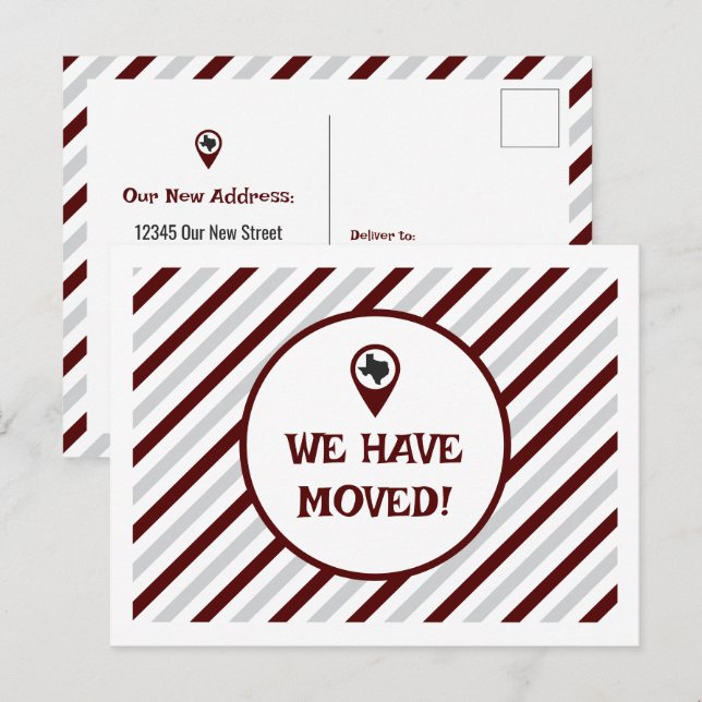 Maroon We Have Moved Striped Moving  Postcard (Front/Back)