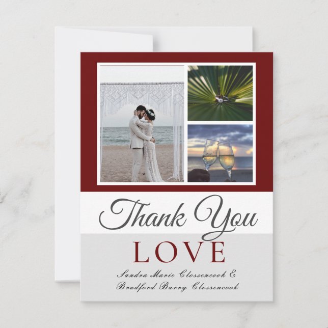Maroon Wedding Photo collage Thank You Card (Front)