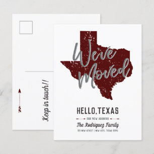 Maroon We've Moved - Texas Announcement Postcard