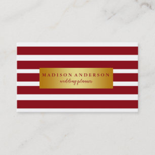 Maroon & White Chic Stripes in Gold Business Card