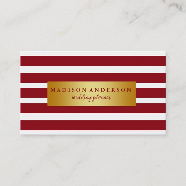Maroon & White Chic Stripes in Gold Business Card (Front)