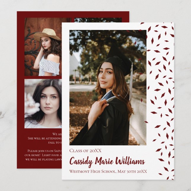 Maroon White Confetti Graduation Announcement (Front/Back)