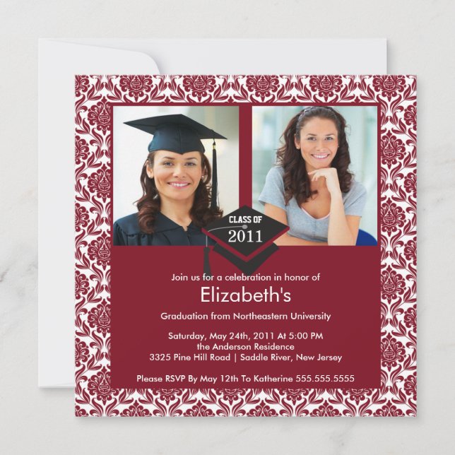 Maroon & White Damask Photo Graduation Invitation (Front)