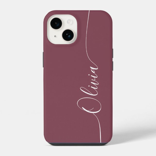 Maroon White Elegant Calligraphy Script Name iPhone Case (Back)