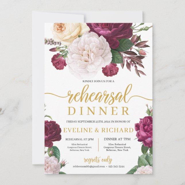 Maroon white floral roses gold rehearsal dinner invitation (Front)