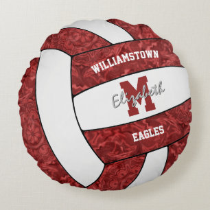 Maroon white girly volleyball team colours round cushion