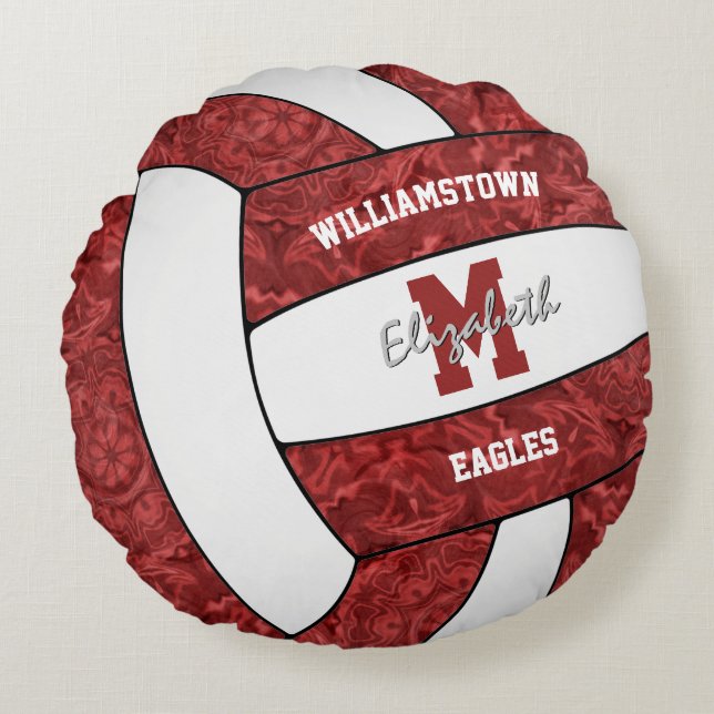 Maroon white girly volleyball team colours round cushion (Front)