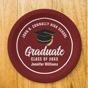 Maroon White Graduate Custom 2025 Graduation Party Paper Plate
