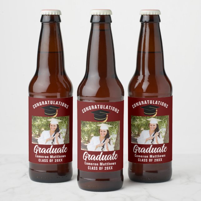 Maroon White Graduate Photo 2025 Graduation Party Beer Bottle Label (Bottles)