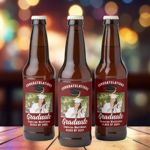 Maroon White Graduate Photo 2025 Graduation Party Beer Bottle Label